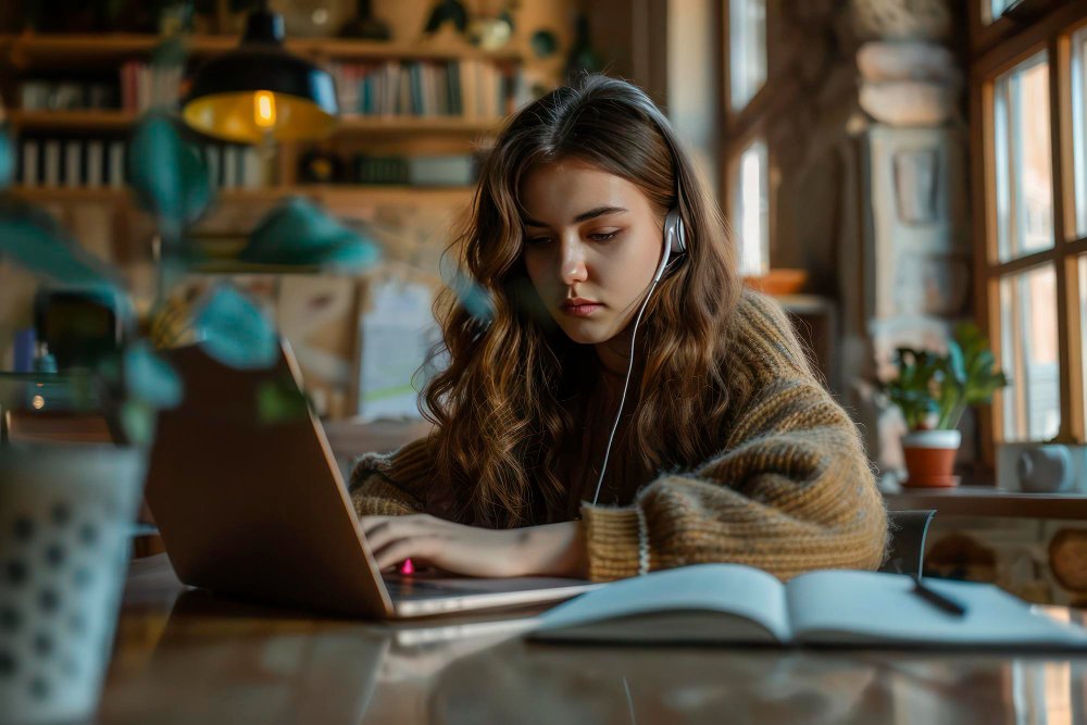 Joven estudiando en una cafetería.